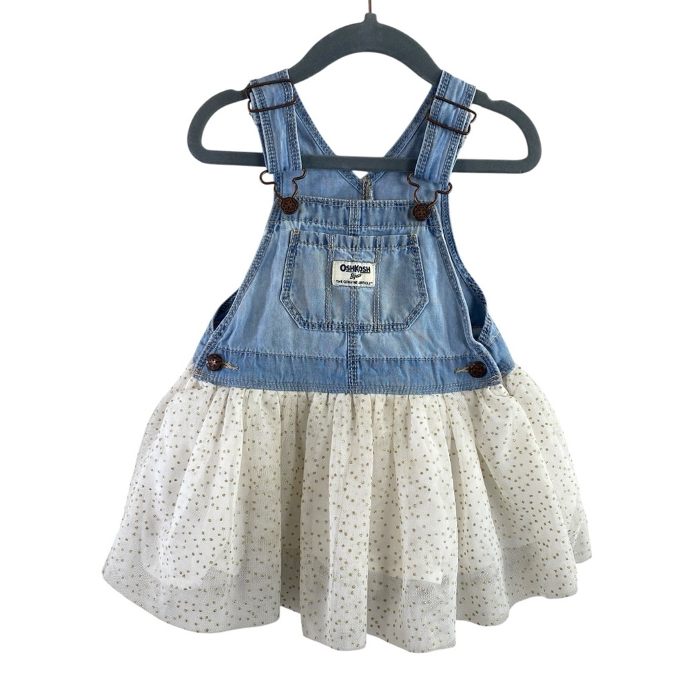 OshKosh B’Gosh Infant Girl Mixed Media Polka Dot Denim Overall Dress Sz 24M